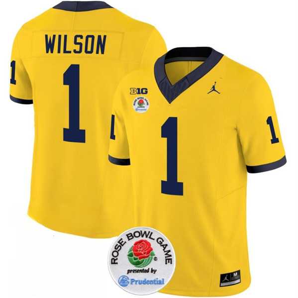 Mens Michigan Wolverines #1 Roman Wilson 2023 F.U.S.E. Yellow Rose Bowl Patch Stitched Jersey Dzhi